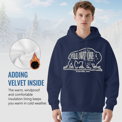 Vintage Yellowstone Bison Navy Hoodie, National Park Cozy Outdoor Sweatshirt