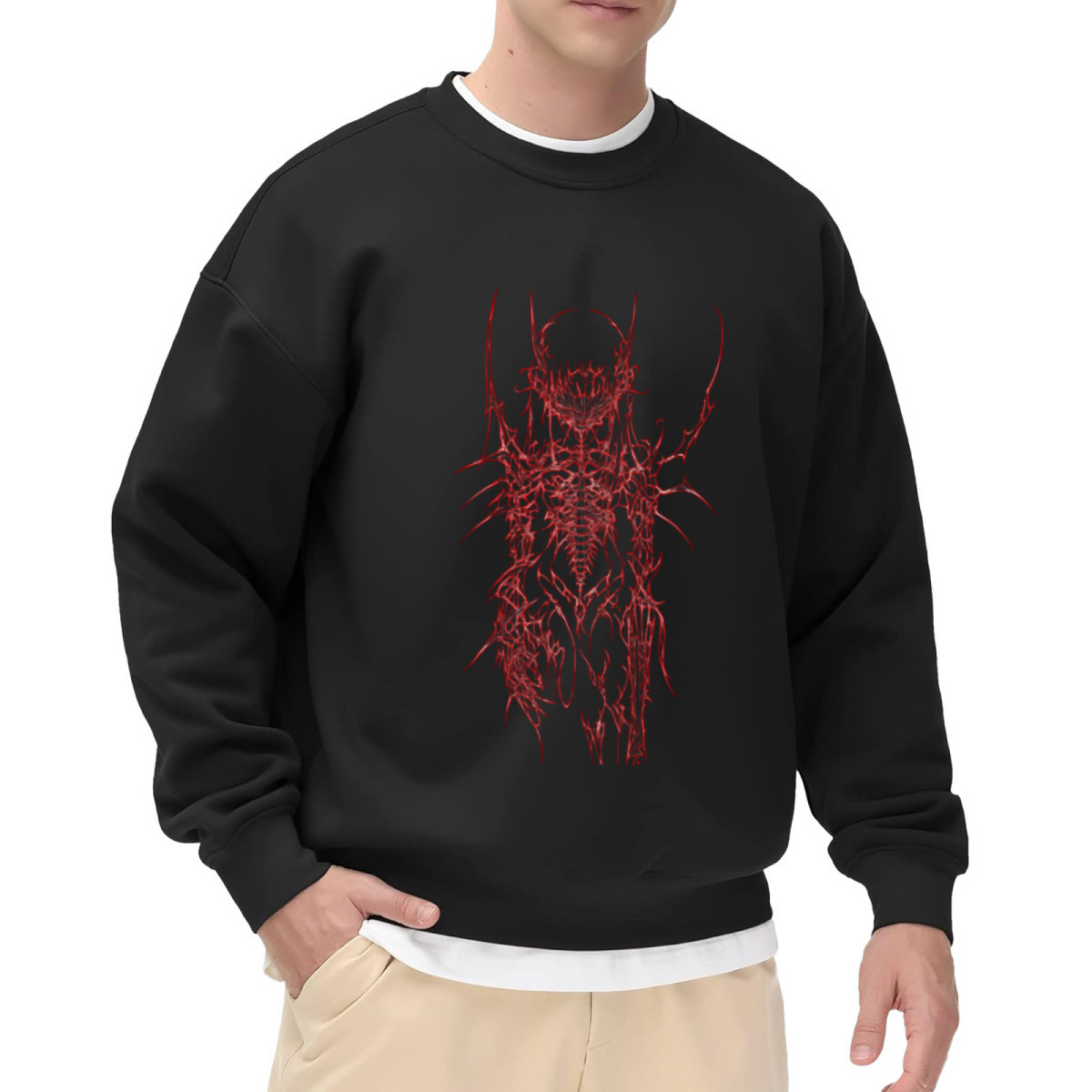 Red Cyber Skeleton Gothic Streetwear White Crewneck