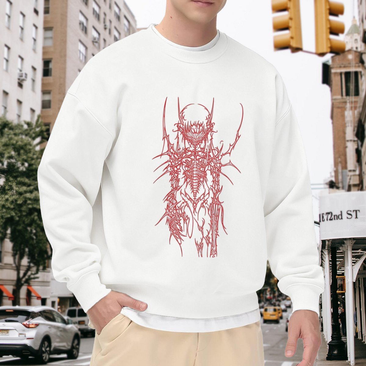 Red Cyber Skeleton Gothic Streetwear White Crewneck