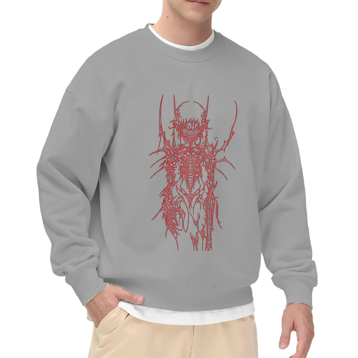 Red Cyber Skeleton Gothic Streetwear White Crewneck