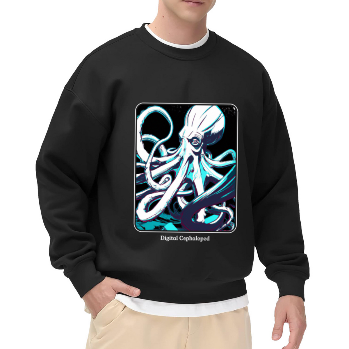 Digital Cephalopod Cool Octopus Art Crewneck Sweatshirt Ocean Creature Graphic Pullover