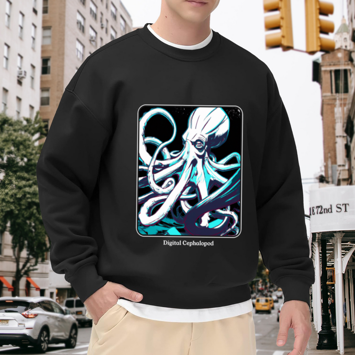 Digital Cephalopod Cool Octopus Art Crewneck Sweatshirt Ocean Creature Graphic Pullover