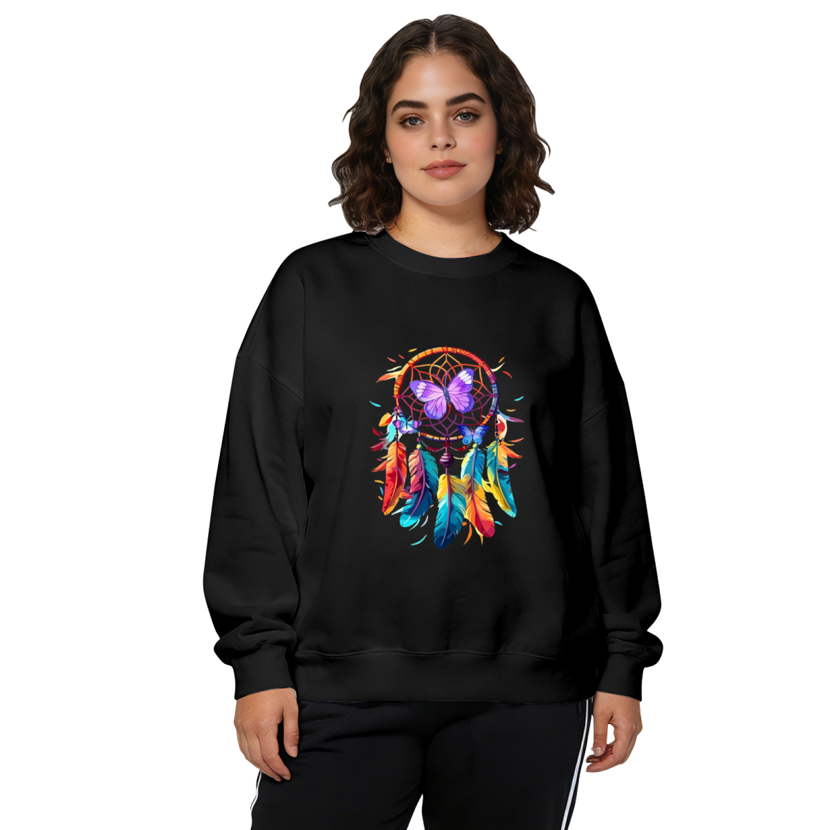 Vibrant Dreamcatcher & Purple Butterfly Graphic Crewneck Sweatshirt