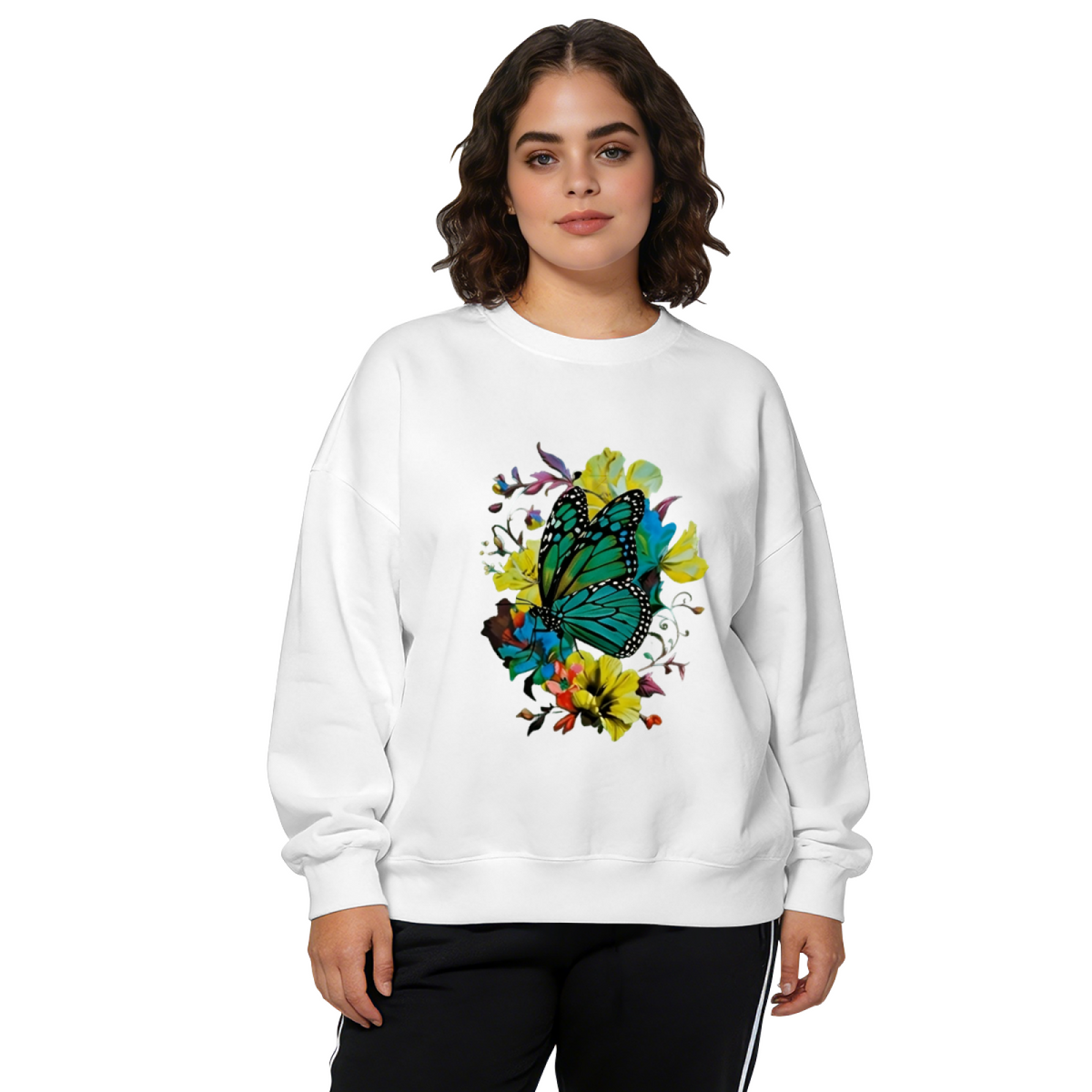 Boho Style Green Butterfly With Mixed Wildflowers Crewneck Sweatshirt