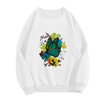 Boho Style Green Butterfly With Mixed Wildflowers Crewneck Sweatshirt
