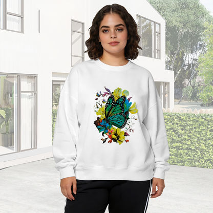 Boho Style Green Butterfly With Mixed Wildflowers Crewneck Sweatshirt