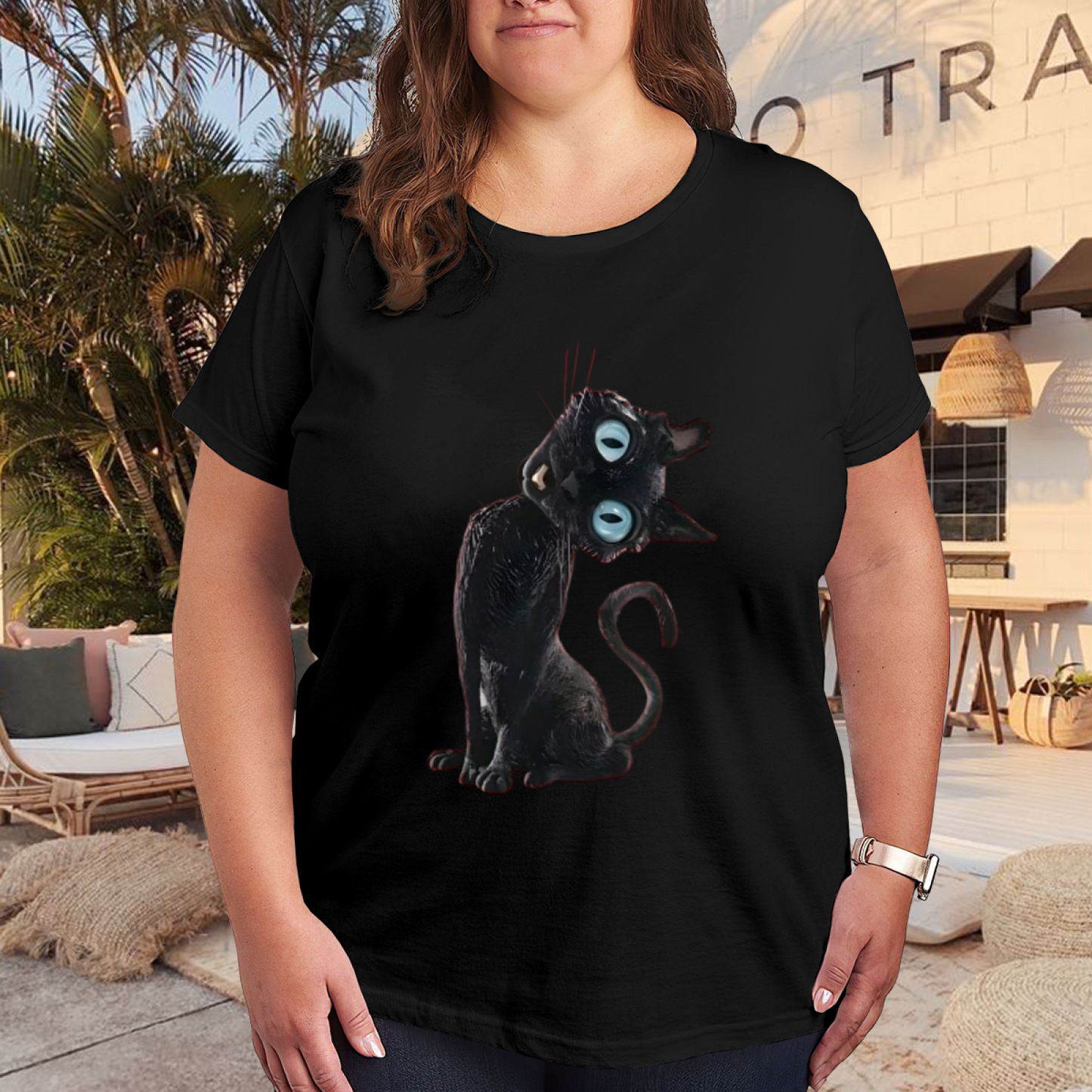 Creepy Cute Big Eyes Black Cat Halloween Tee
