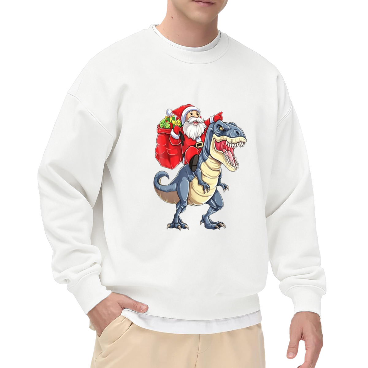 Funny Santa Riding Dinosaur Christmas Crewneck Sweatshirt