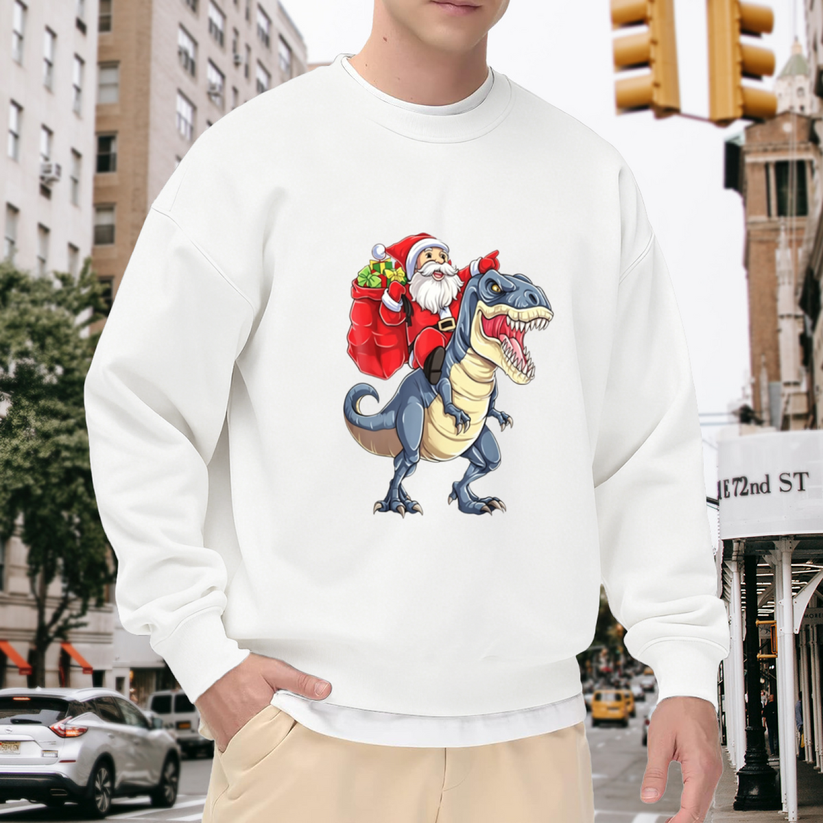 Funny Santa Riding Dinosaur Christmas Crewneck Sweatshirt