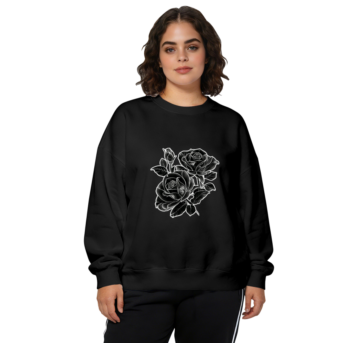 Elegant White?Line Black Rose Graphic Crewneck Sweatshirt
