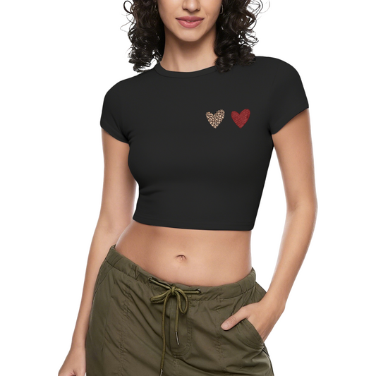 Mini Leopard & Red Heart Minimal Black Crop Top