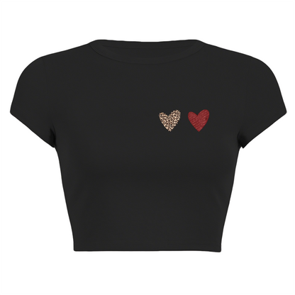 Mini Leopard & Red Heart Minimal Black Crop Top