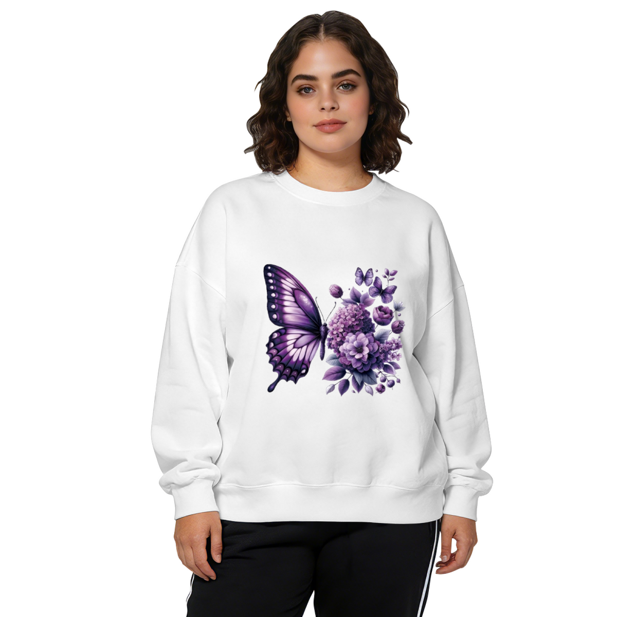 Elegant Purple Butterfly & Hydrangea Floral Crewneck Sweatshirt