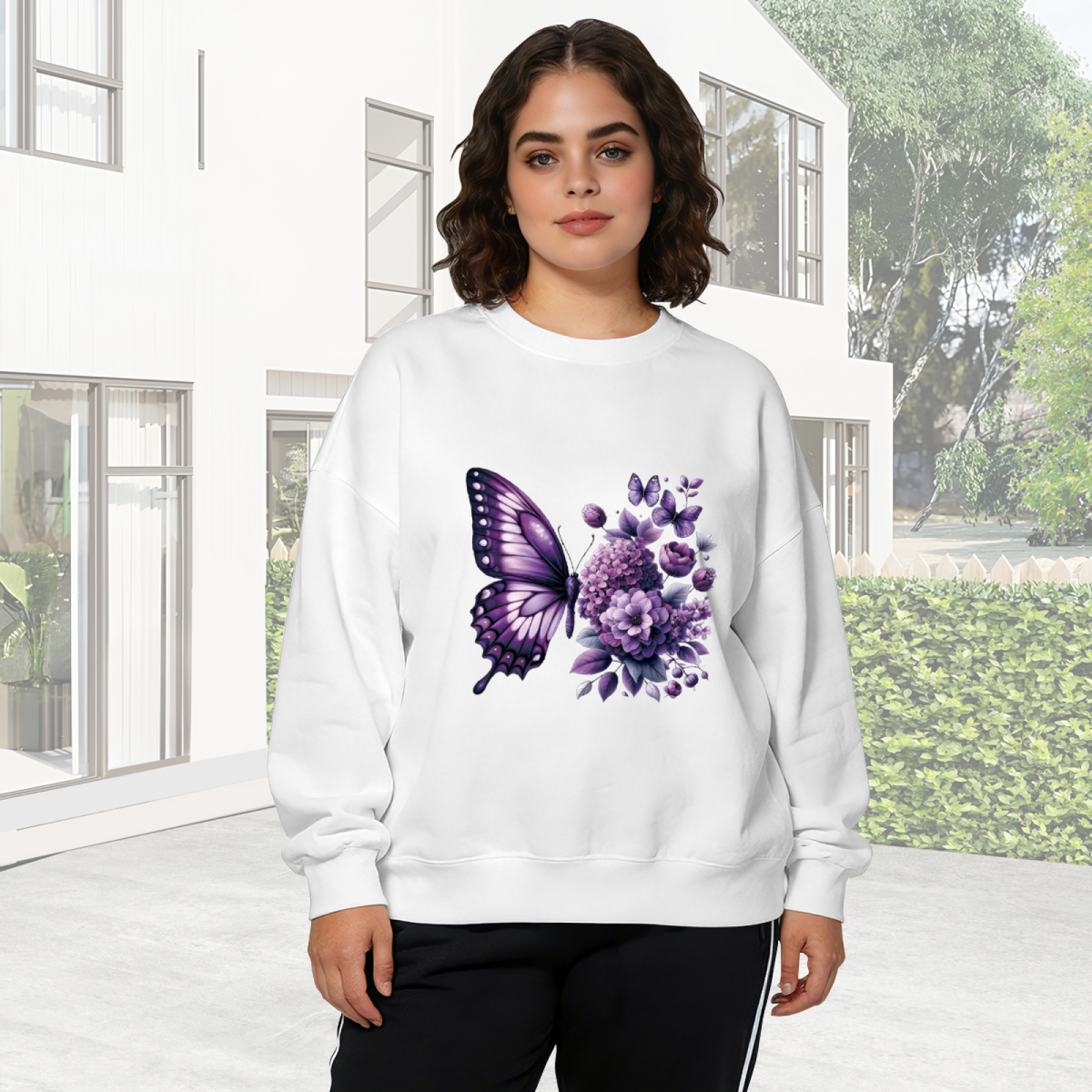 Elegant Purple Butterfly & Hydrangea Floral Crewneck Sweatshirt