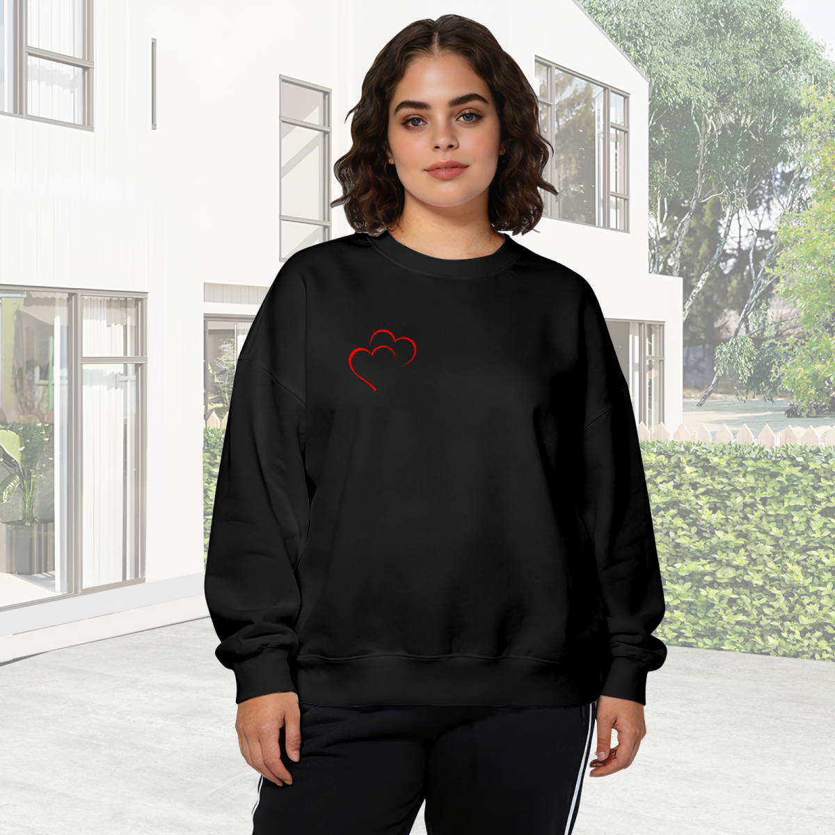 Elegant Offset Double Red Outline Heart Crewneck Sweatshirt