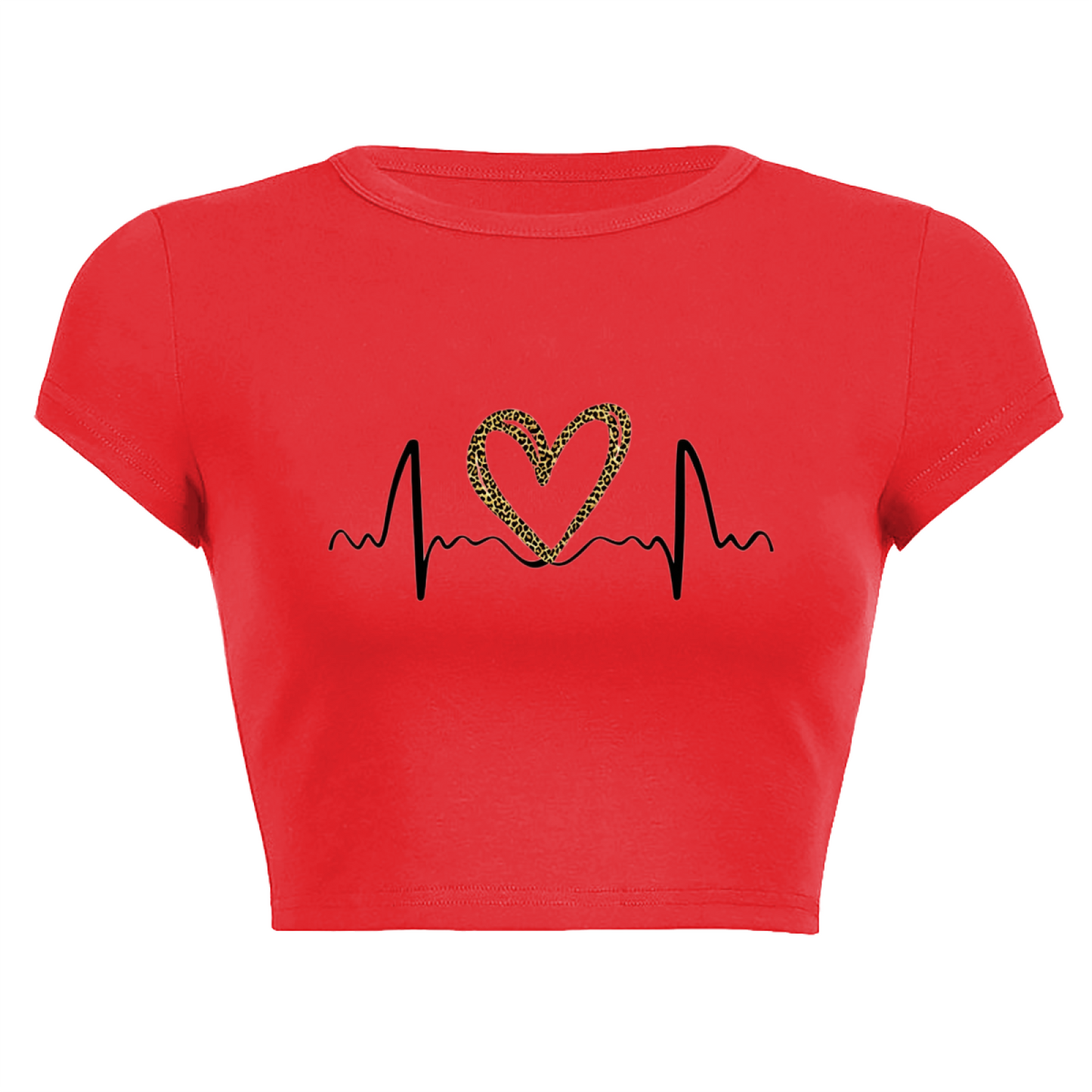 Leopard Heart Heartbeat Line Red Crop Tee ¨C Love Valentine Casual Top 14.