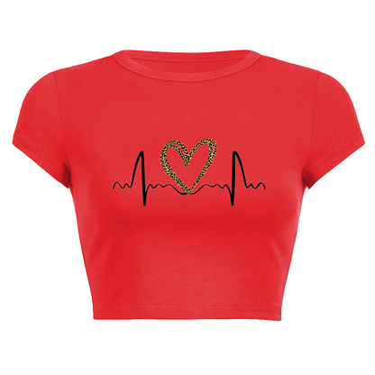 Leopard Heart Heartbeat Line Red Crop Tee ¨C Love Valentine Casual Top 14.