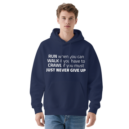 Never Give Up Motivational Quote Hoodie, Unisex Cozy Inspirational Black Hoodie