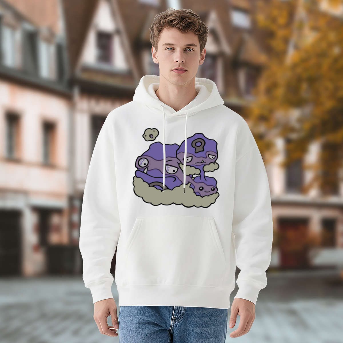 Cute Purple Slime Cartoon White Hoodie, Unique Aesthetic Comfort Pullover