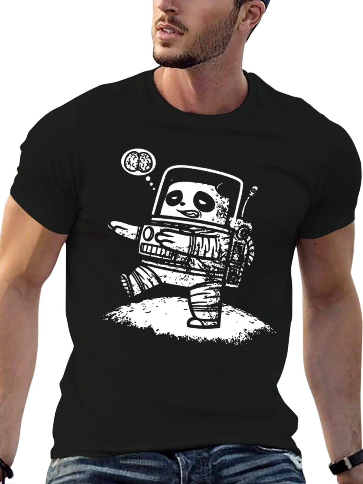 Robot Panda Brains Black Graphic Tee