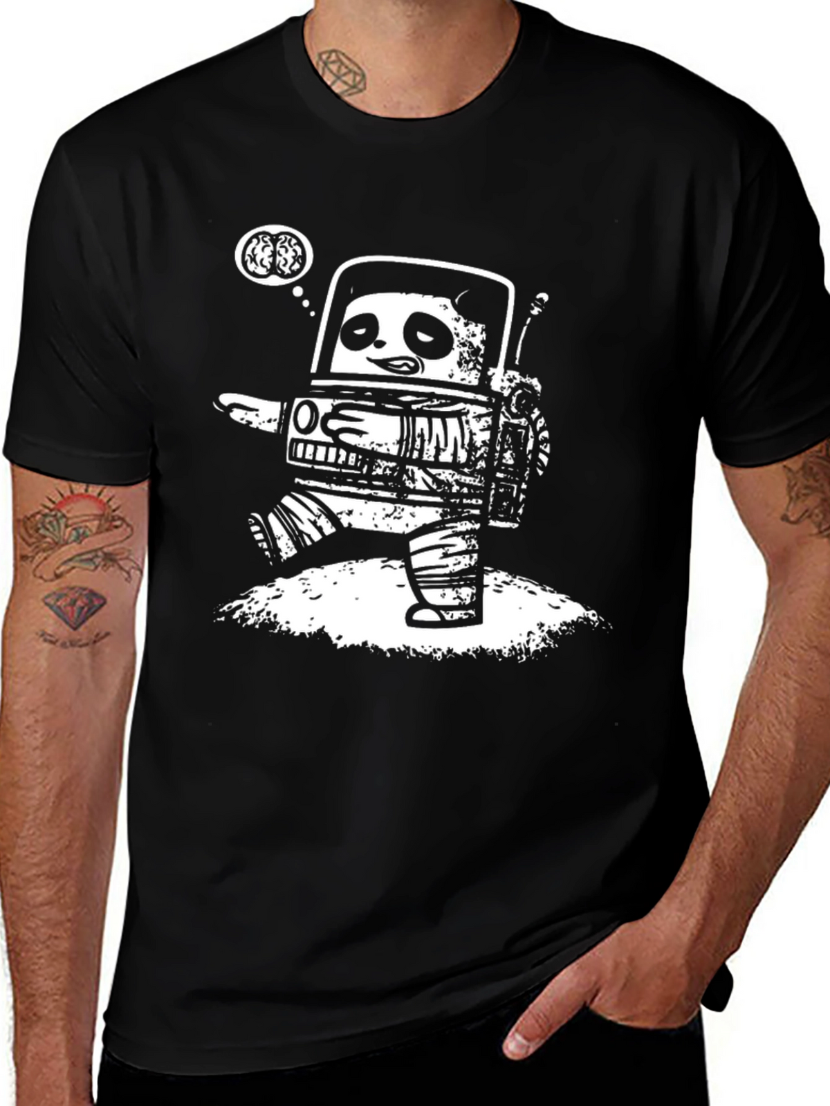 Robot Panda Brains Black Graphic Tee
