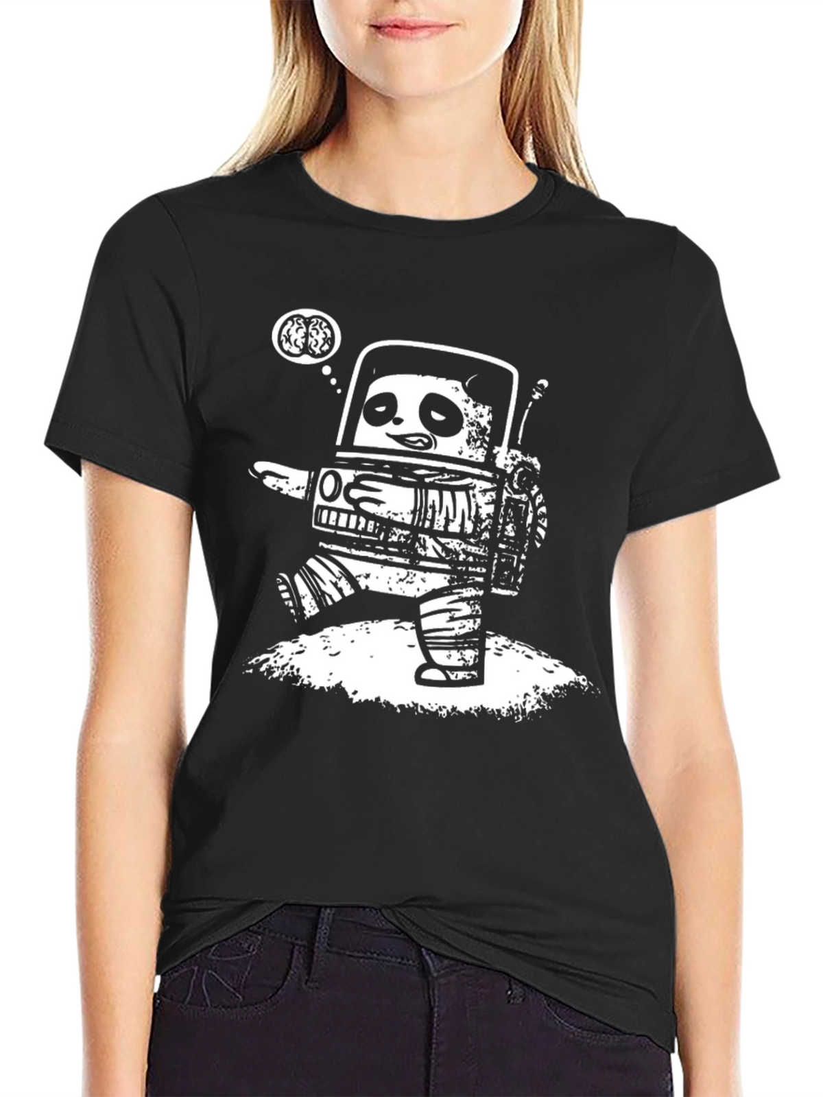 Robot Panda Brains Black Graphic Tee