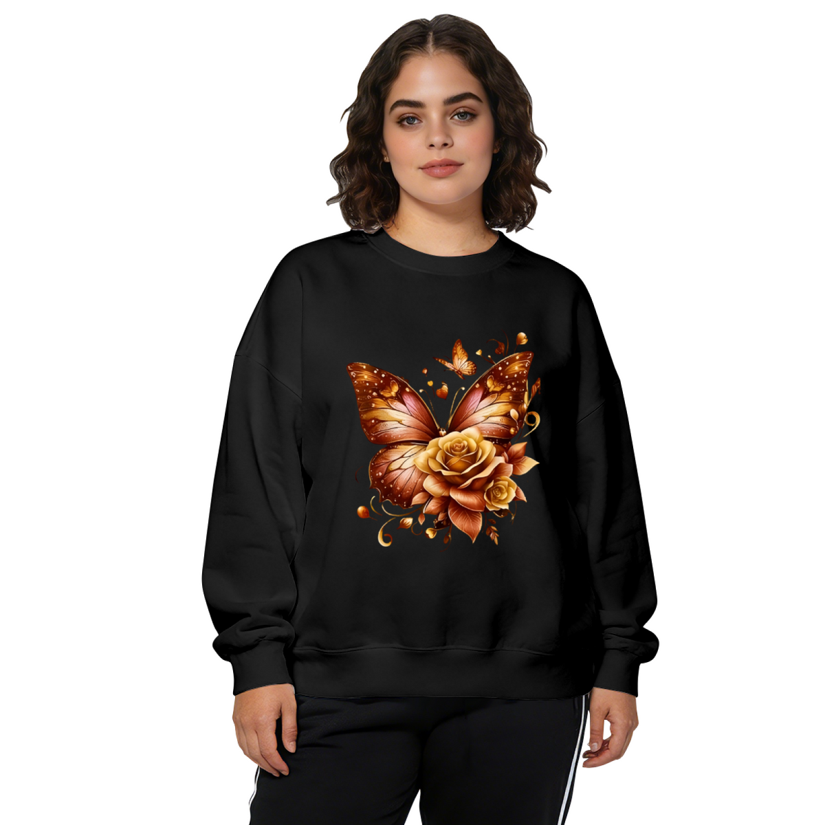 Warm Amber Butterfly & Golden Rose Crewneck Sweatshirt