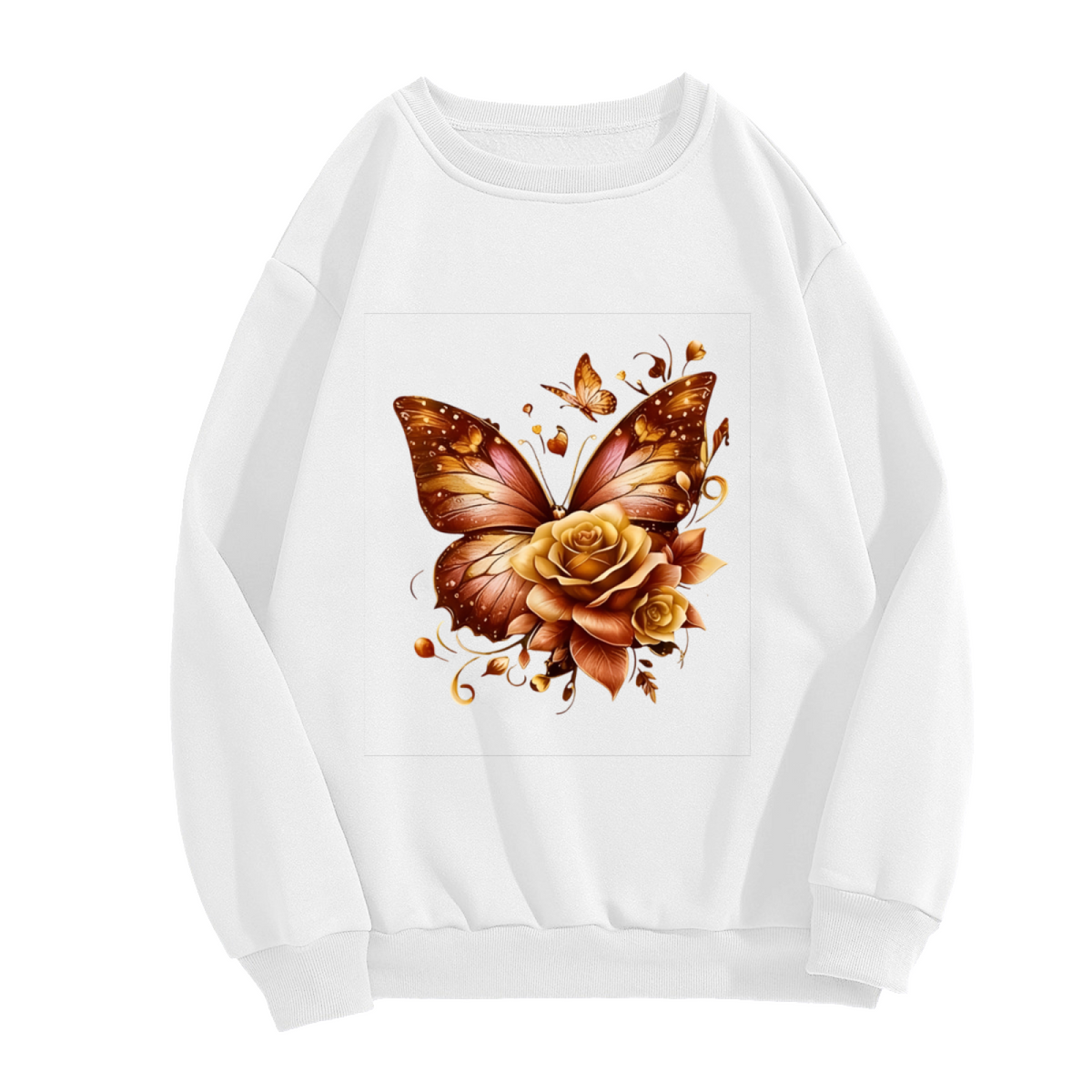 Warm Amber Butterfly & Golden Rose Crewneck Sweatshirt