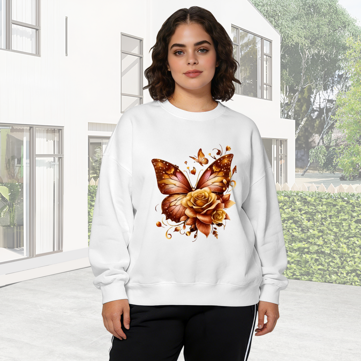 Warm Amber Butterfly & Golden Rose Crewneck Sweatshirt