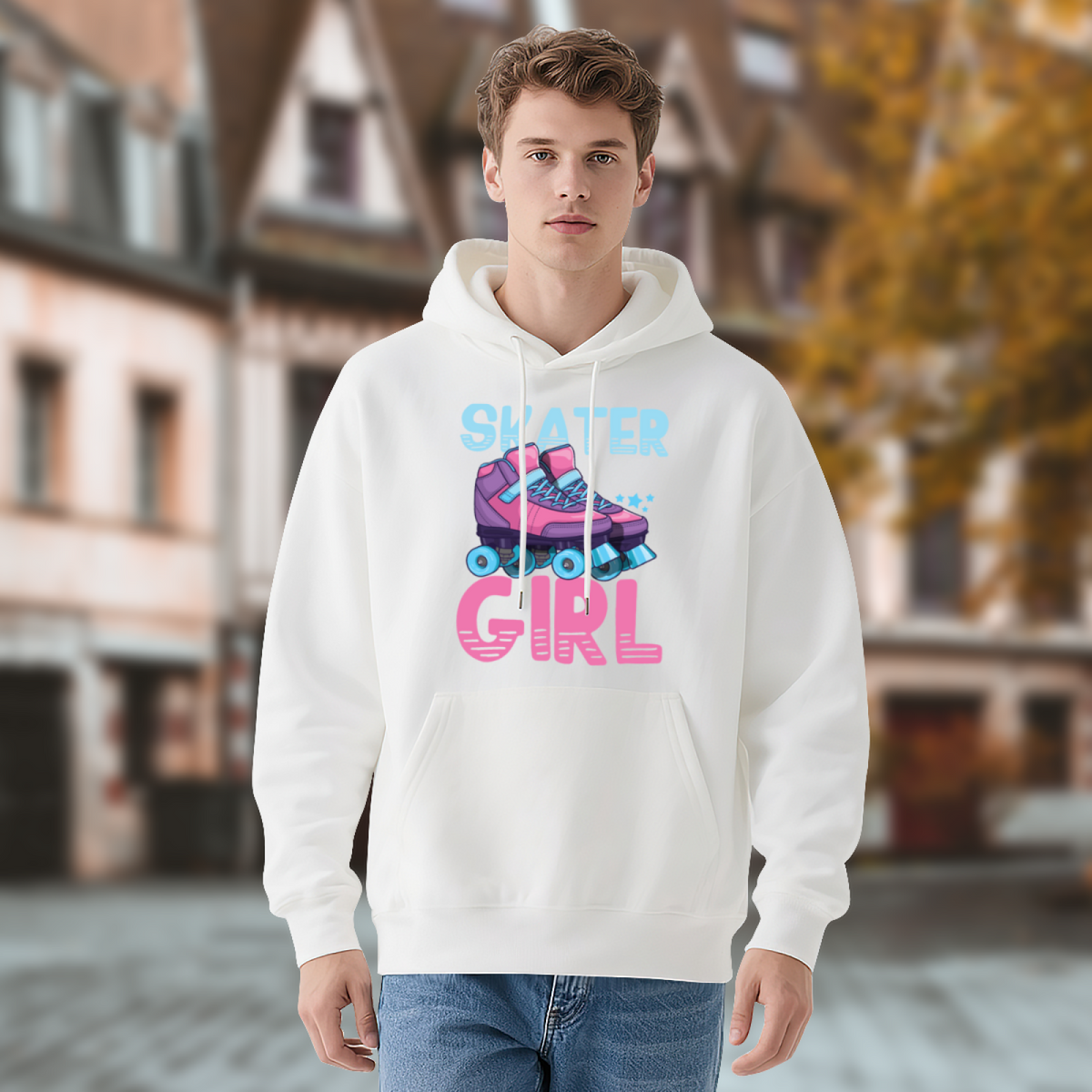 Retro Skater Girl Roller Skate Print Hoodie, Cozy Casual Top For Girls