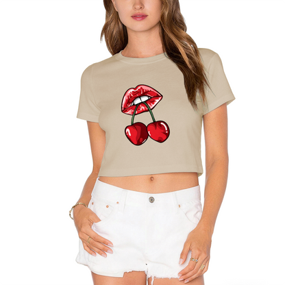 Juicy Cherry Red Lips Edgy Gothic Black Crop Top