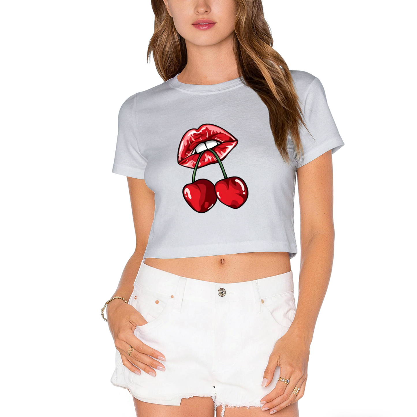 Juicy Cherry Red Lips Edgy Gothic Black Crop Top
