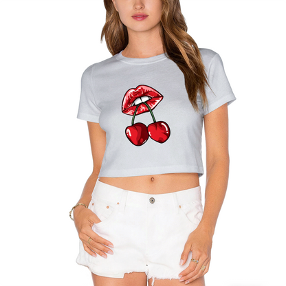 Juicy Cherry Red Lips Edgy Gothic Black Crop Top