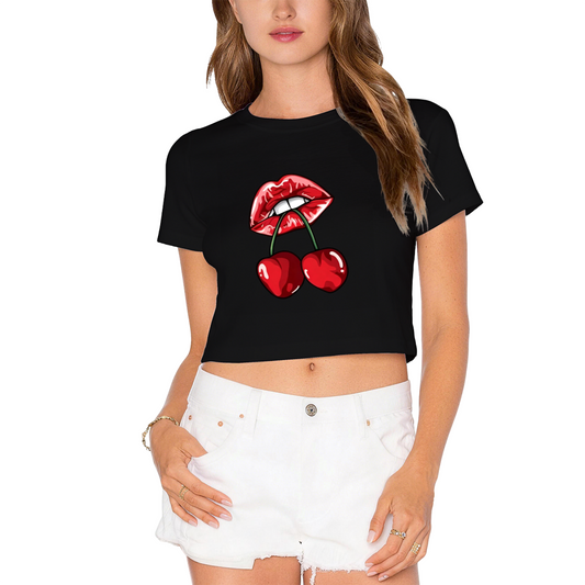 Juicy Cherry Red Lips Edgy Gothic Black Crop Top