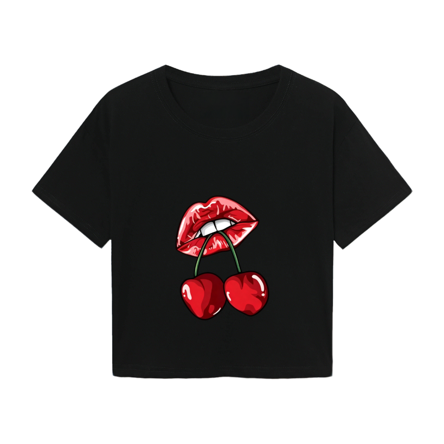 Juicy Cherry Red Lips Edgy Gothic Black Crop Top