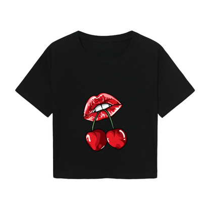 Juicy Cherry Red Lips Edgy Gothic Black Crop Top