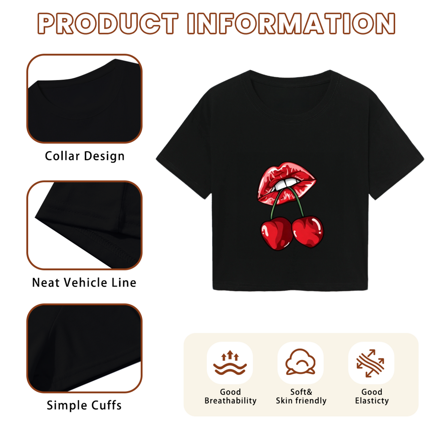 Juicy Cherry Red Lips Edgy Gothic Black Crop Top