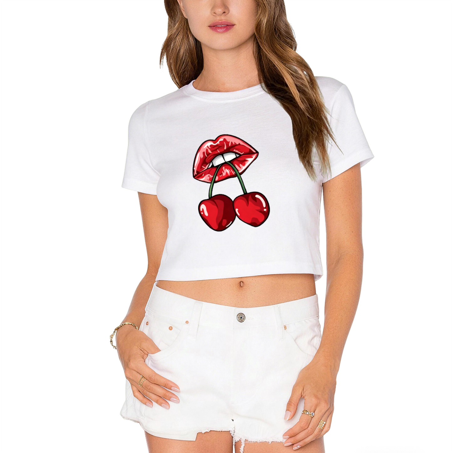 Juicy Cherry Red Lips Edgy Gothic Black Crop Top