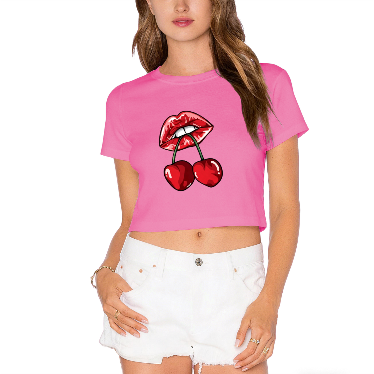 Juicy Cherry Red Lips Edgy Gothic Black Crop Top