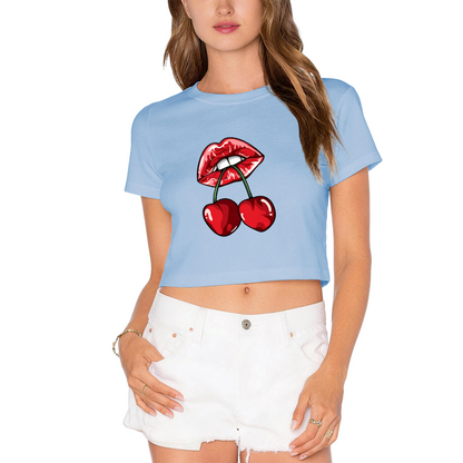 Juicy Cherry Red Lips Edgy Gothic Black Crop Top