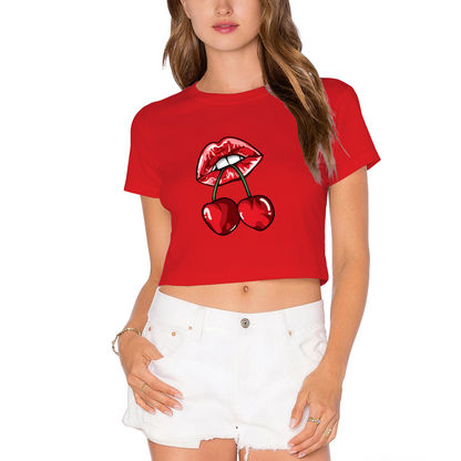 Juicy Cherry Red Lips Edgy Gothic Black Crop Top