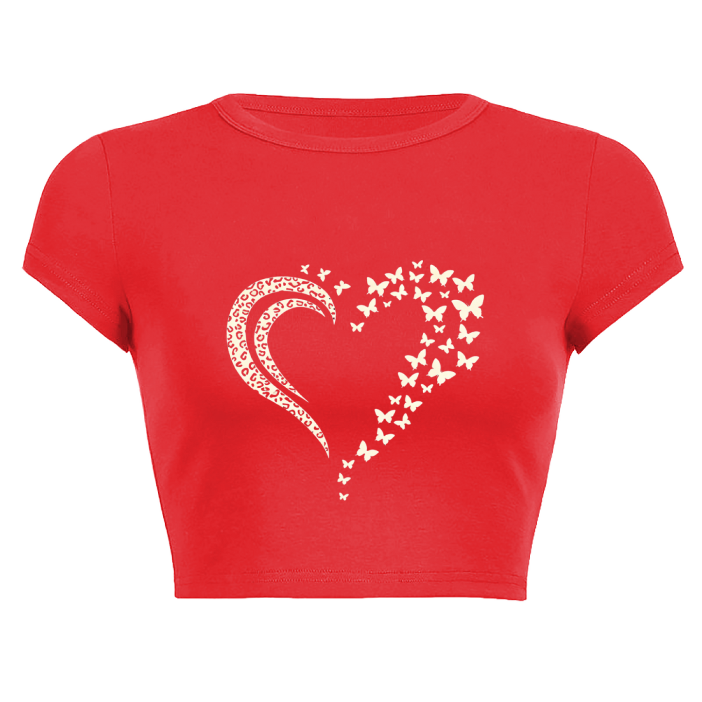 Red Leopard Butterfly Heart Graphic Slim Fit Crop Tee