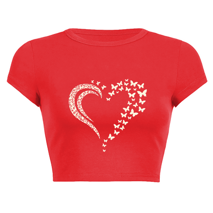 Red Leopard Butterfly Heart Graphic Slim Fit Crop Tee