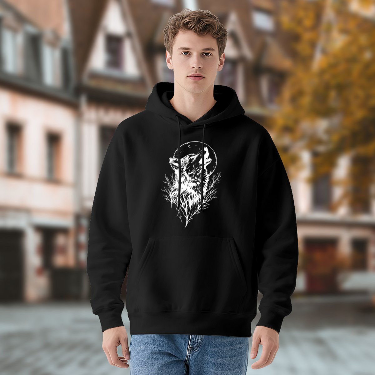 Howling Wolf Under Full Moon Graphic Pullover Hoodie