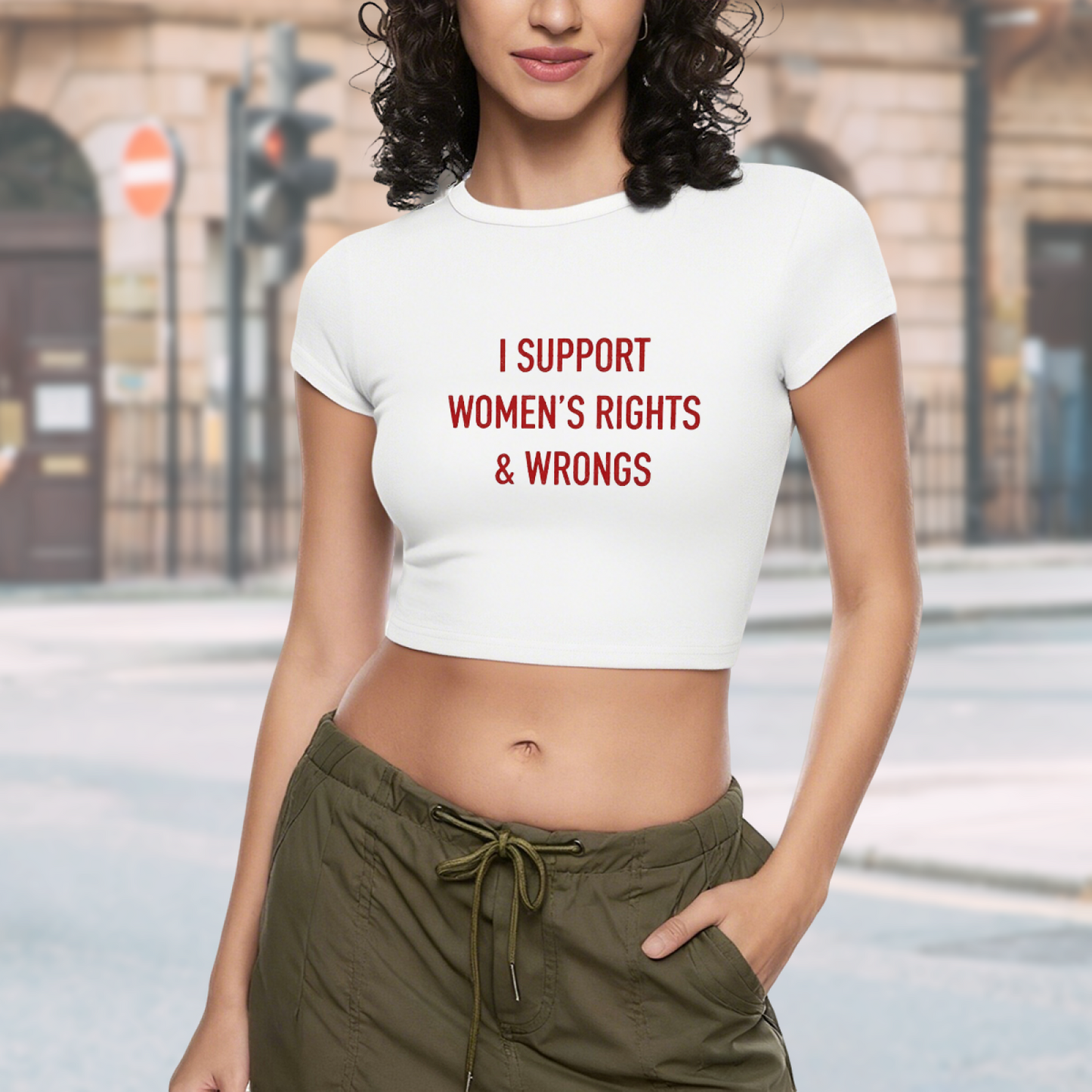 I Support Women¡¯s Rights & Wrongs Funny White Crop Tee ¨C Feminist Humor Top