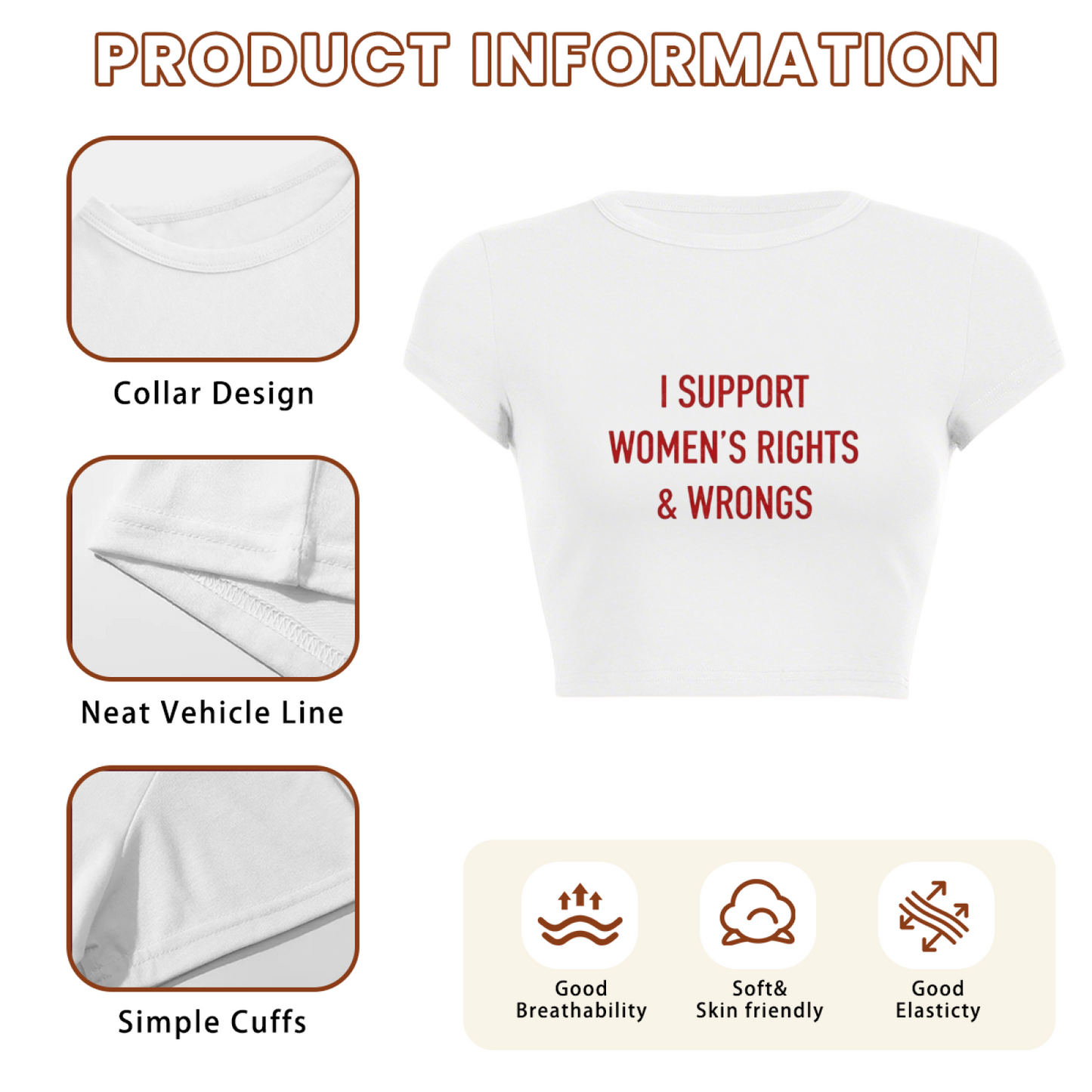 I Support Women¡¯s Rights & Wrongs Funny White Crop Tee ¨C Feminist Humor Top