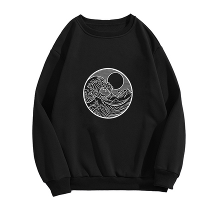 Japanese Great Wave Off Kanagawa Circle Print Minimal Crewneck Sweatshirt