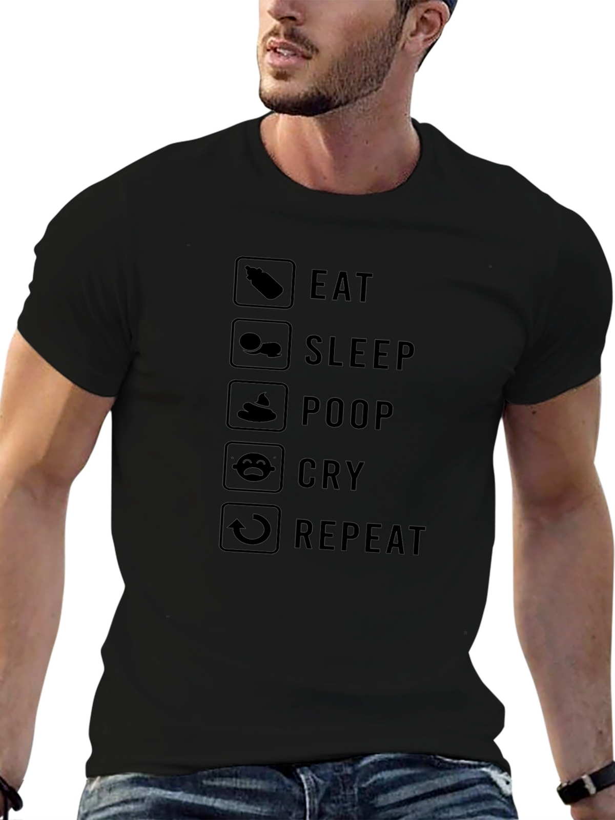 Eat Sleep Poop Cry Repeat Black Graphic T-Shirt