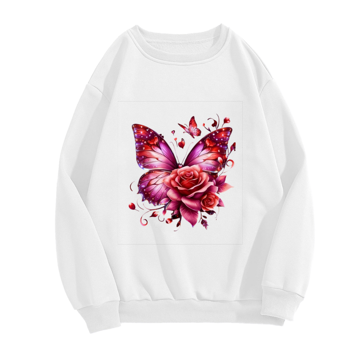 Romantic Red Butterfly With Rose Floral Crewneck Sweatshirt