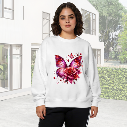Romantic Red Butterfly With Rose Floral Crewneck Sweatshirt